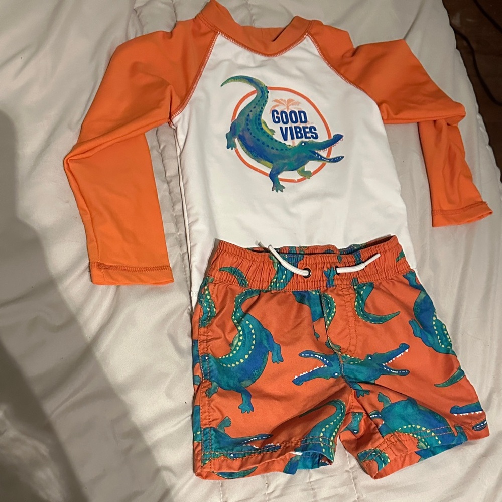 Carter's Orange and White Dinosaur Swim Rashguard Set